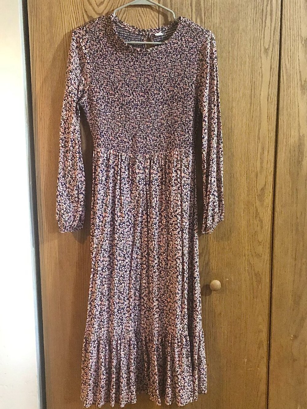 Old Navy Women's M Navy Pink Floral Ditzy Smocked Tiered Long Sleeve Midi Dress
